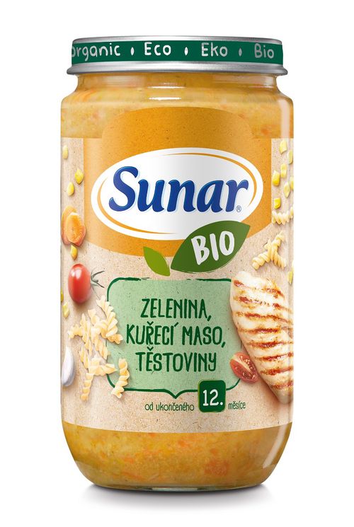 Sunar BIO Příkrm Zelenina, kuřecí maso a těstoviny 12m+ 235 g