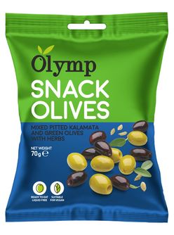 Olymp Mix Kalamata tmavé a zelené olivy bez pecky s bylinkami 70 g